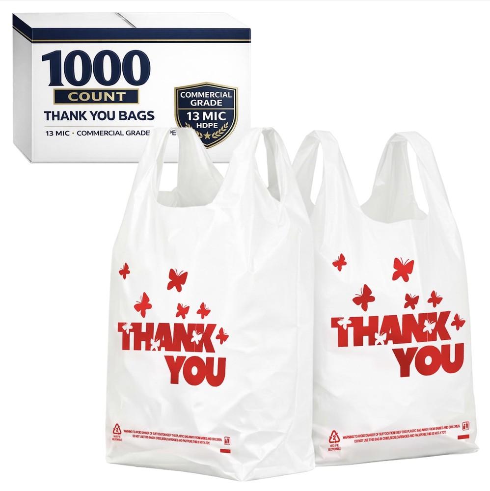 YoYoRain 1000 Pack White Thank You T-Shirt Bags with Handles, 11″x6″x21″ Dura…