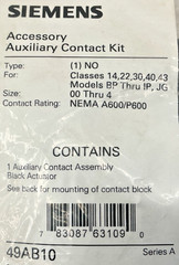 New Siemens 49AB10 Auxiliary Contact Assembly Actuator Type: 1NO Size: 00 Thru 4