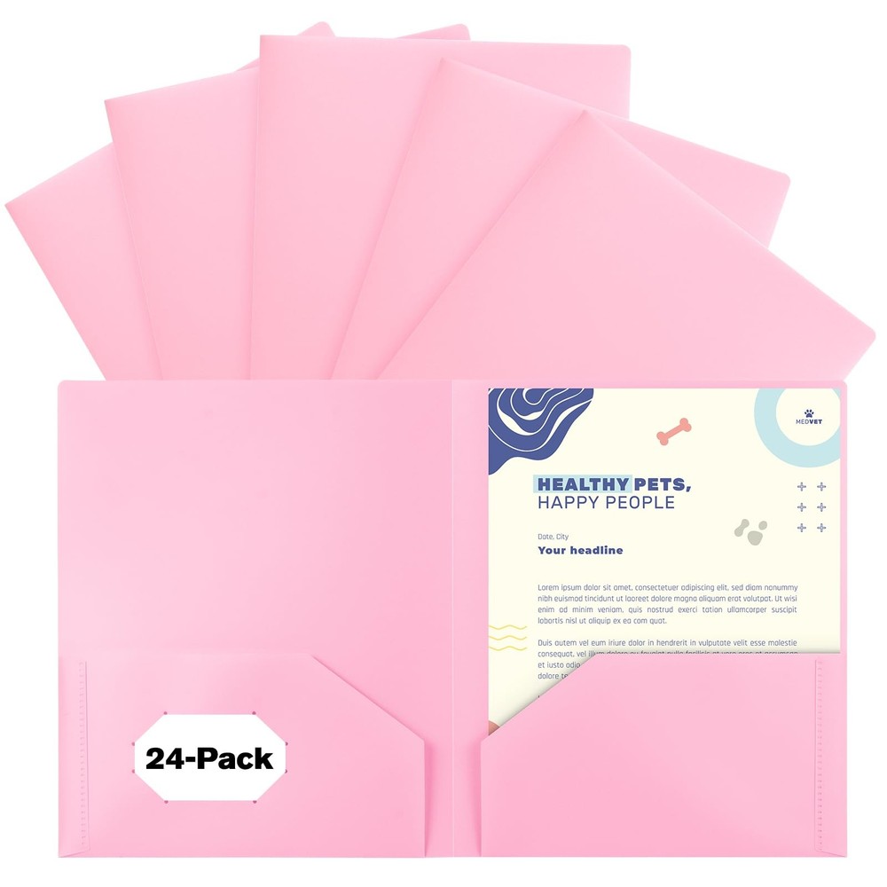 24 PCS Pink Plastic 2 Pocket Pastel Folders Holds US Letter Size Paper Home