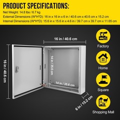 IP66 Steel Electrical Enclosure Box with Lock & Waterproof Seal , 16″Lx16″Hx6″W