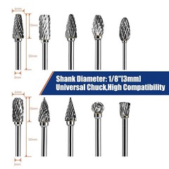 10PCS Carbide Burr Bits Set for Dremel 1/8 Rotary Tool Double Cut Grinding Metal