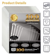 100 Count Diamond Clear Extra Heavyweight Sheet Protectors, 4 mils Strong,8.5…