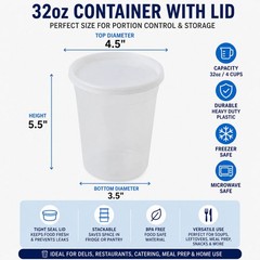 32 oz Heavy Duty Large Round Deli Food/Soup Plastic Containers w/ Lids BPA free
