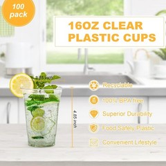 100 Count – 16 Ounce Plastic Cups, Ice Coffee Cups To Go – Crystal Clear PET …