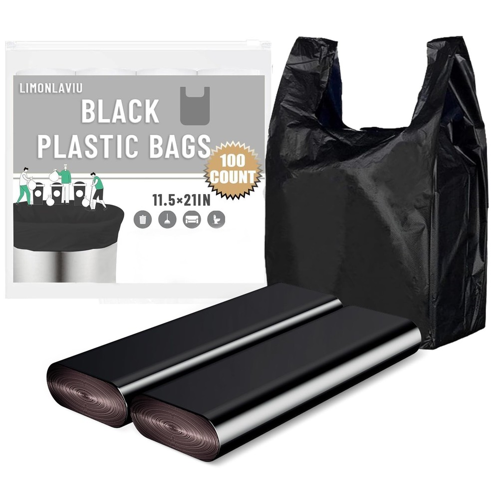 LimonLaviu Black Plastic Grocery Bags, 100 Pack, 1 Count (Pack of 100),
