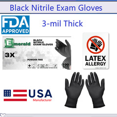 Emerald Black Nitrile Medical Gloves FDA Powder & Latex Free Disposable 3 mil