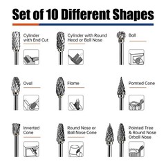 10PCS Carbide Burr Bits Set for Dremel 1/8 Rotary Tool Double Cut Grinding Metal