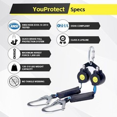 6 FT Dual Leg Self-Retracting Lifeline Web Lanyard Retractable, 2.36 in Shock Ab