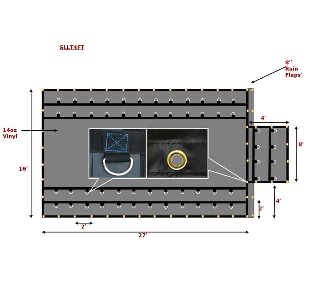 16’x27′ Flatbed Trailer Tarp – 14Oz Vinyl Lightweight Black Steel Tarp (4′ Drop)