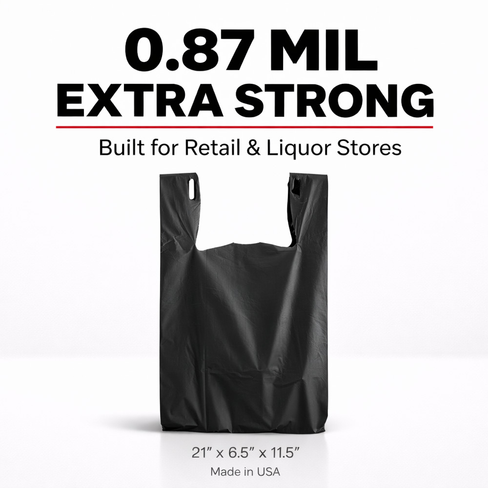 Bags 1/6 21 x 6.5 x 11.5 Heavy Duty .87 Mil BLACK T-Shirt Plastic Shopping Bags
