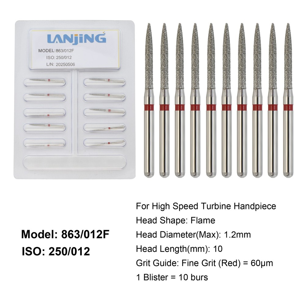 Dental Diamond Burs FG Flame Fine High Speed Bur Friction Grip Grit Red 863/012F