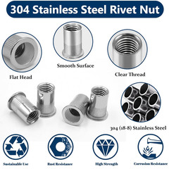 Rivet Nut Assortment Kit, 220 Pcs, Flat Head, 304 Stainless Steel, Various Sizes