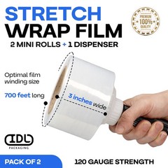 3″ Stretch Wrap Mini Roll, 700 feet, 120 Gauge (Pack of 2) with a Plastic Han…