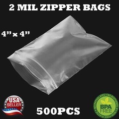 500 – 4″ x 4″ ZIP SEAL TOP LOCK BAGS CLEAR 2 MIL PLASTIC RECLOSABLE BAGGIES