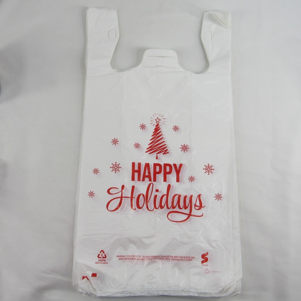 500 Qty. Happy Holiday Holiday Tree 1/6 Plastic T-Shirt Bags Handles 11″x6″x21″