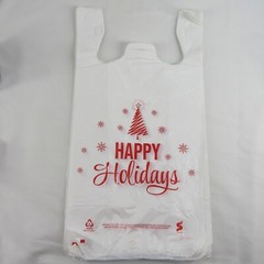 500 Qty. Happy Holiday Holiday Tree 1/6 Plastic T-Shirt Bags Handles 11″x6″x21″