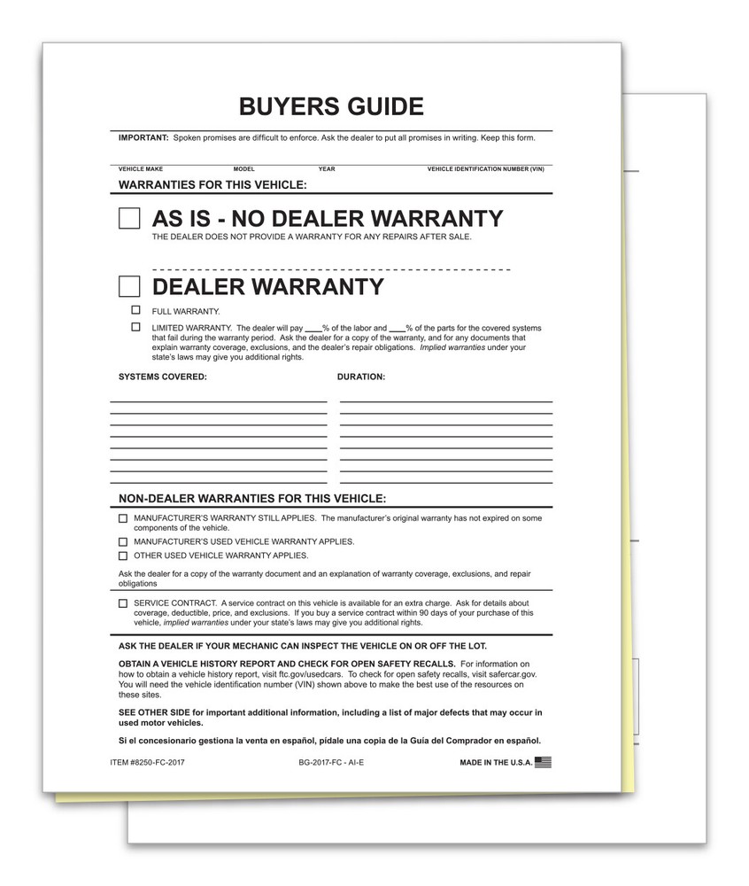 2 PART BUYERS GUIDE FORM FILE COPY NO TAPE AS IS WARRANTY 100 PER PACK CAR LOT