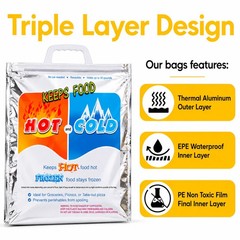 2 Pack Insulated Hot & Cold Food Delivery Bags Thermal Grocery Cooler Tote