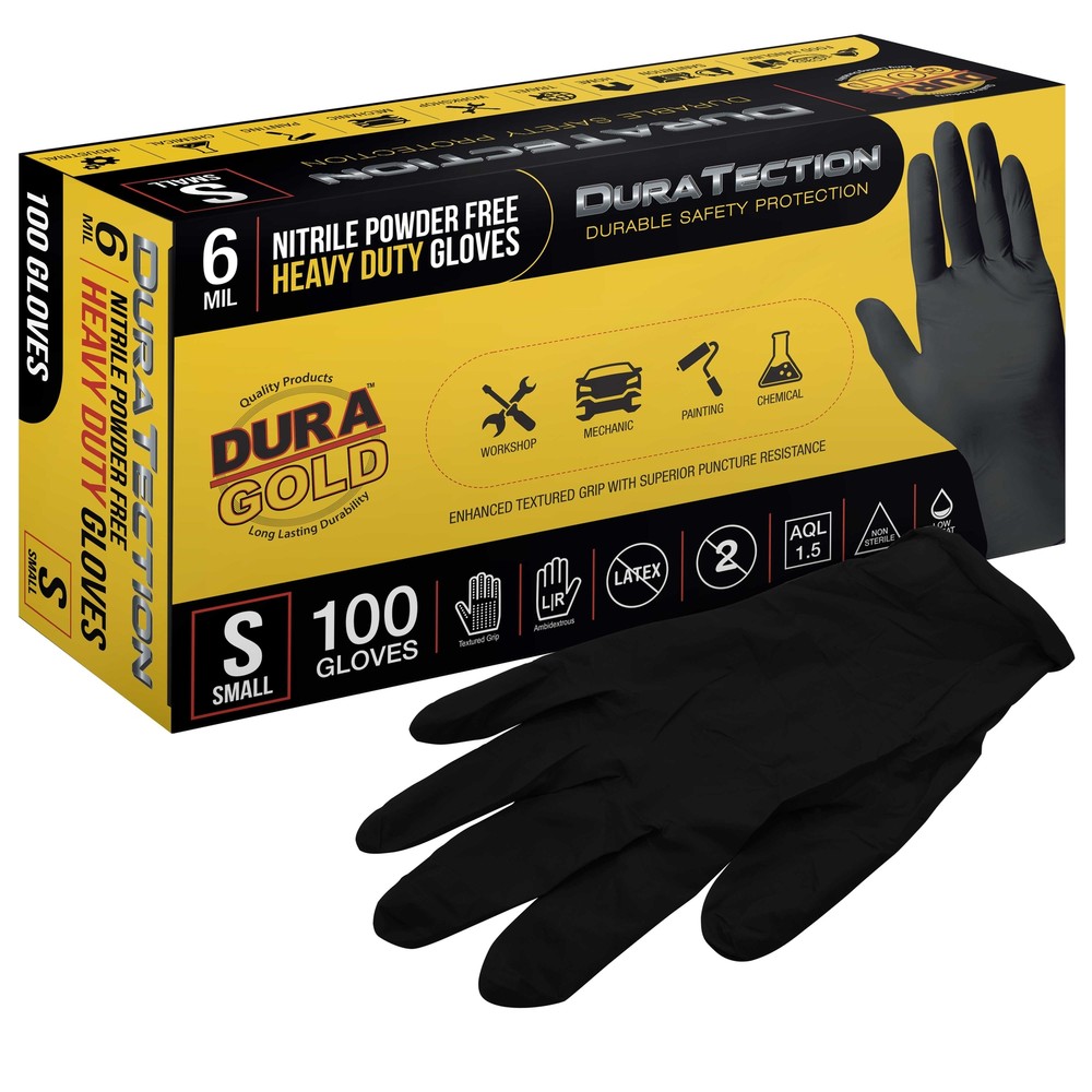 Dura-Gold HD Black Nitrile Disposable Gloves, Box of 100, Size Small, 6 Mil