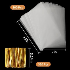300 PCS Cellophane Treat Bags 7×13 Inch 320 Twist Ties 1.4 Mil Plastic Candies