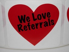 WE LOVE REFERRALS with heart 1.75×2 Stickers Labels 250/rl