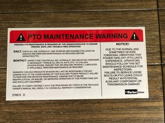 PTO maintenance “WARNING” decal. 3M material. New 3 1/2 in. X 7 in.