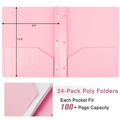 24 PCS Plastic Folders With Pockets 3 Fasteners Pastel Fits Letter Size Pink