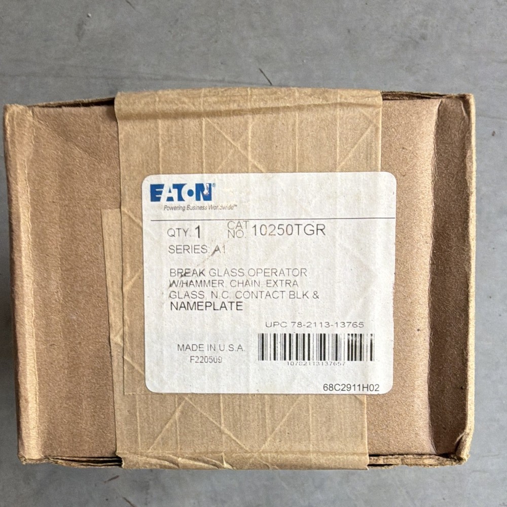 Eaton Break Glass Push Button Switch w/ Hammer Chain 10250TGR, Clear Button