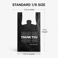 Bags 1/6 Large 21 x 6.5 x 11.5 Black THANK YOU T-Shirt Plastic Shopping Bags