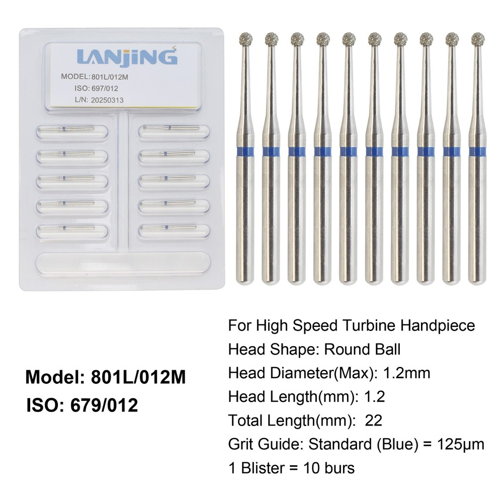 Dental Round Ball Surgical Diamond Burs FG 22mm Standard High Speed 801L/012M