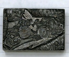 Letterpress Printing Block Man Driving Car Cartoon Blown Tire Stamp Vtg