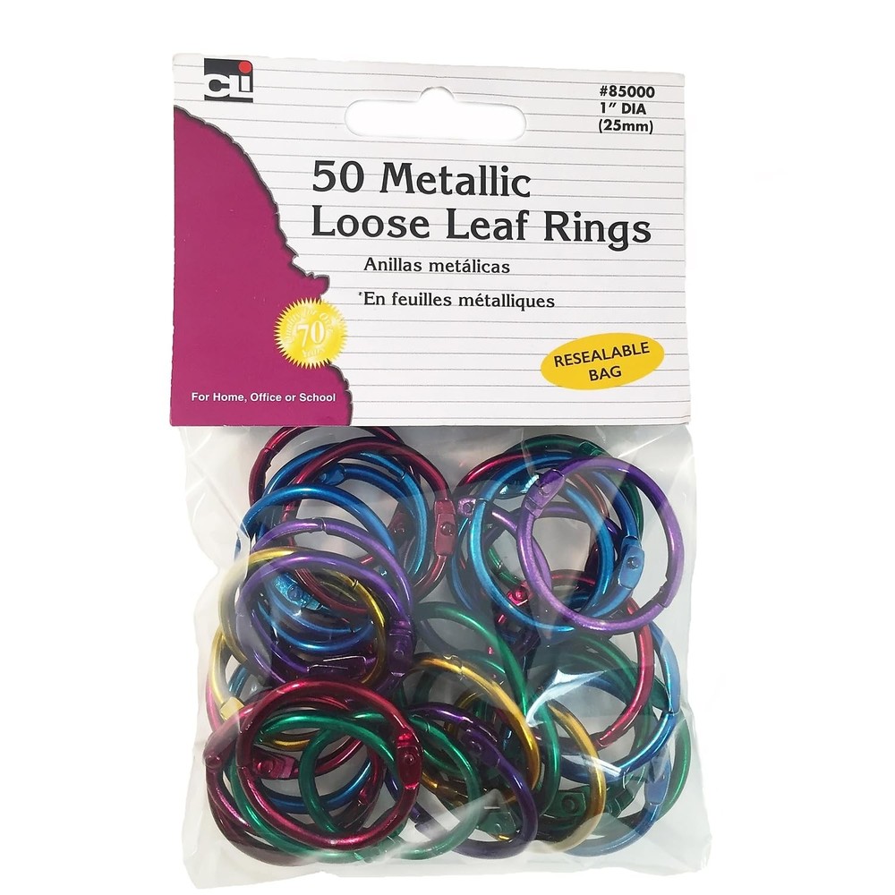 Loose Leaf Rings, 1″ Diameter, Metallic Assorted Colors, (85000), 50 per pack