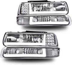 LED DRL Headlight 99-2006 Chevy Silverado Suburban Tahoe 1500 2500 Clear Chrome