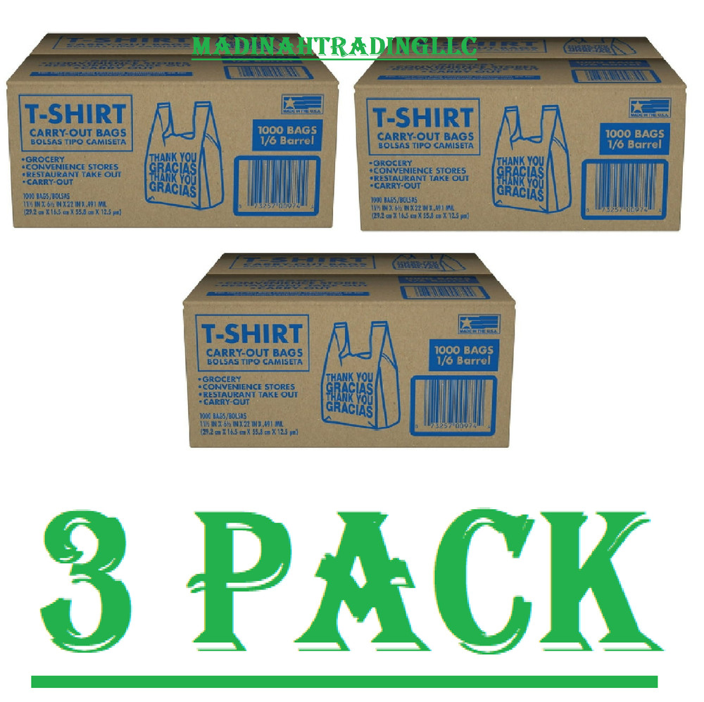 3 Pack T-Shirt Carry-Out Bags, 11.5″ x 6.5″ x 22″ (1000 ct.)