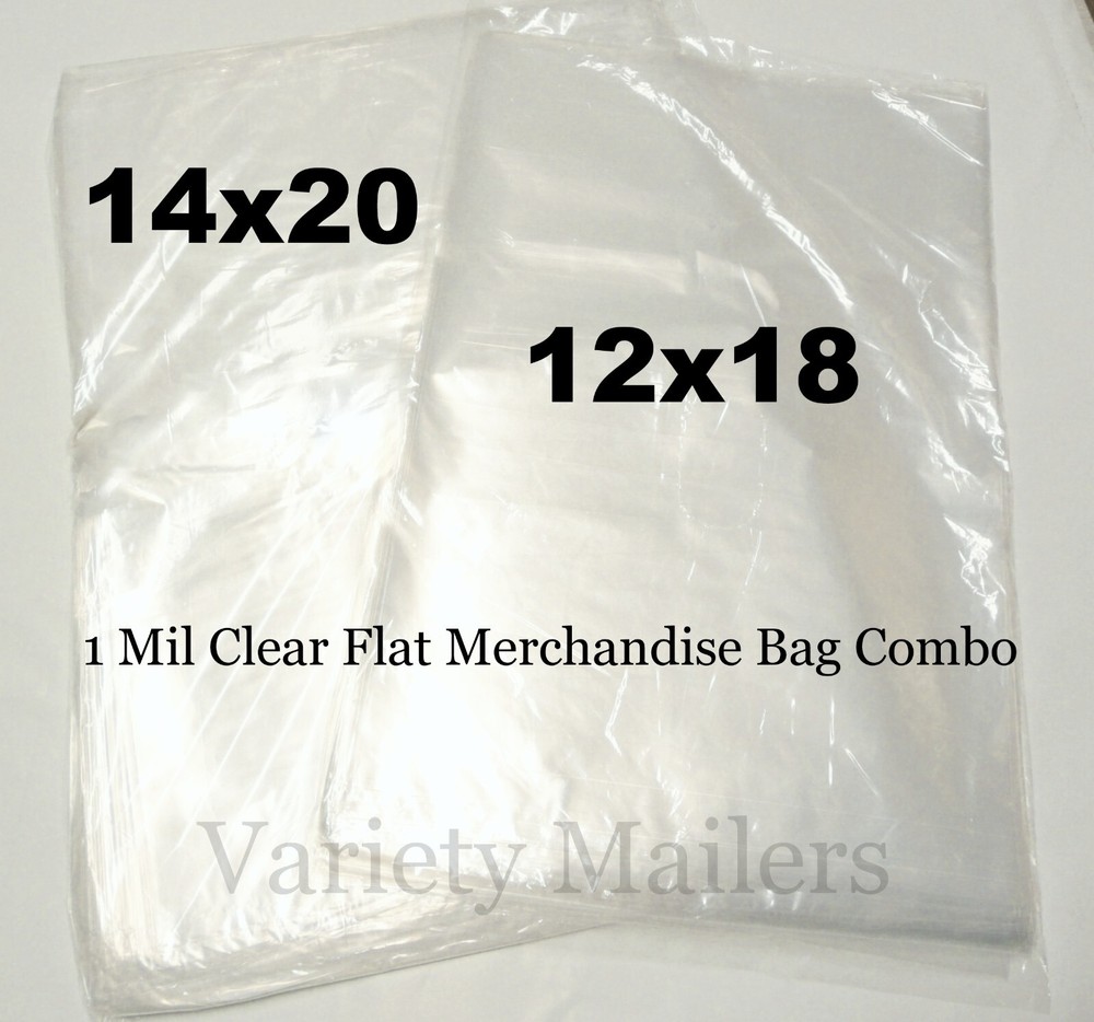 200 Merchandise Bag Combo 12×18 & 14×20 Clear 1 Mil Plastic Apparel Bags