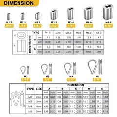 340Pcs Stainless Steel Wire Rope Cable Thimbles Aluminum Crimping Loop M2-M5 Kit
