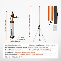 VEVOR Laser Level Tripod 1/4″-20 & 5/8″-11 Thread 40.94-133.85 in Height Adjust