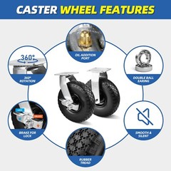4Pcs 10″ Flat-Free Wheel 2 Rigid + 2 Swivel Cart Caster Black Durable