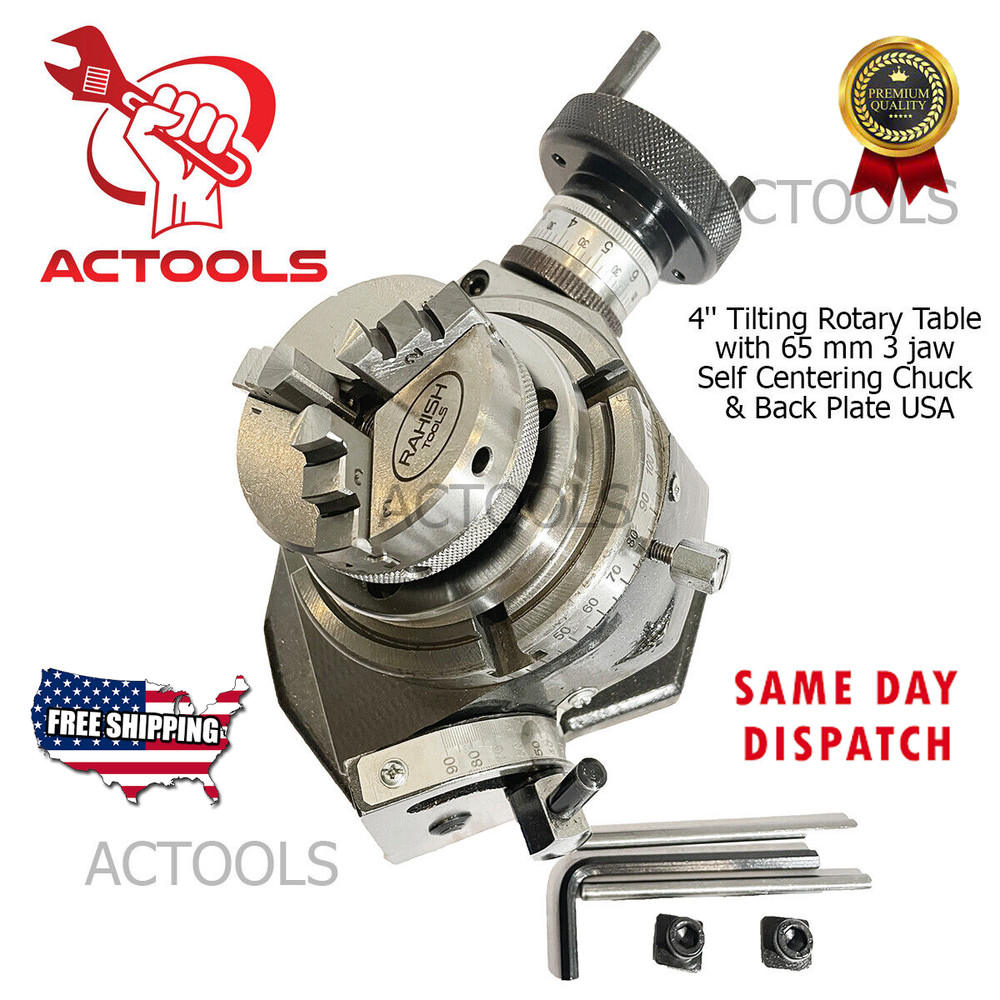 4′ Inch Tilting Rotary Table with 65 mm 3 jaw Self Centering Chuck & Back Plate