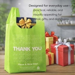 YoYoRain 100 Pack “Thank You” T-Shirt Bags – Green Plastic Shopping Bags with…
