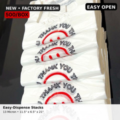 Thank You T-Shirt Plastic Bags Easy Open 13 Micron White HDPE 500/Box USA