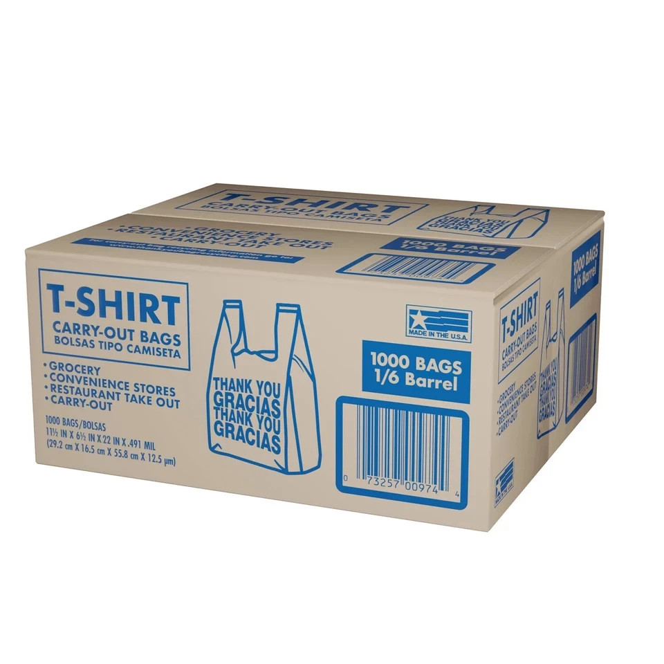 T-Shirt Carry-Out Bags, 11.5″ x 6.5″ x 22″ (1000 ct.) NOT SHIP TO NY, NJ, CA