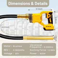 Handheld Concrete Vibrator 20V Cordless 800W 3.8ft Shaft Dewalt Compatible