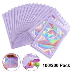 100/200 Smell Proof Mylar Bags Holographic Resealable Foil Pouch Zip Bags Purple