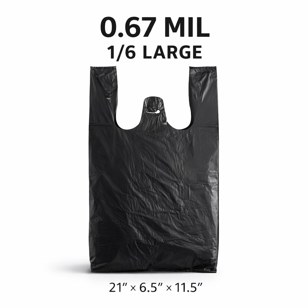 Black T-Shirt Plastic Grocery Bags 0.67 Mil 21×6.5×11.5 1/6 Large Shopping Bulk