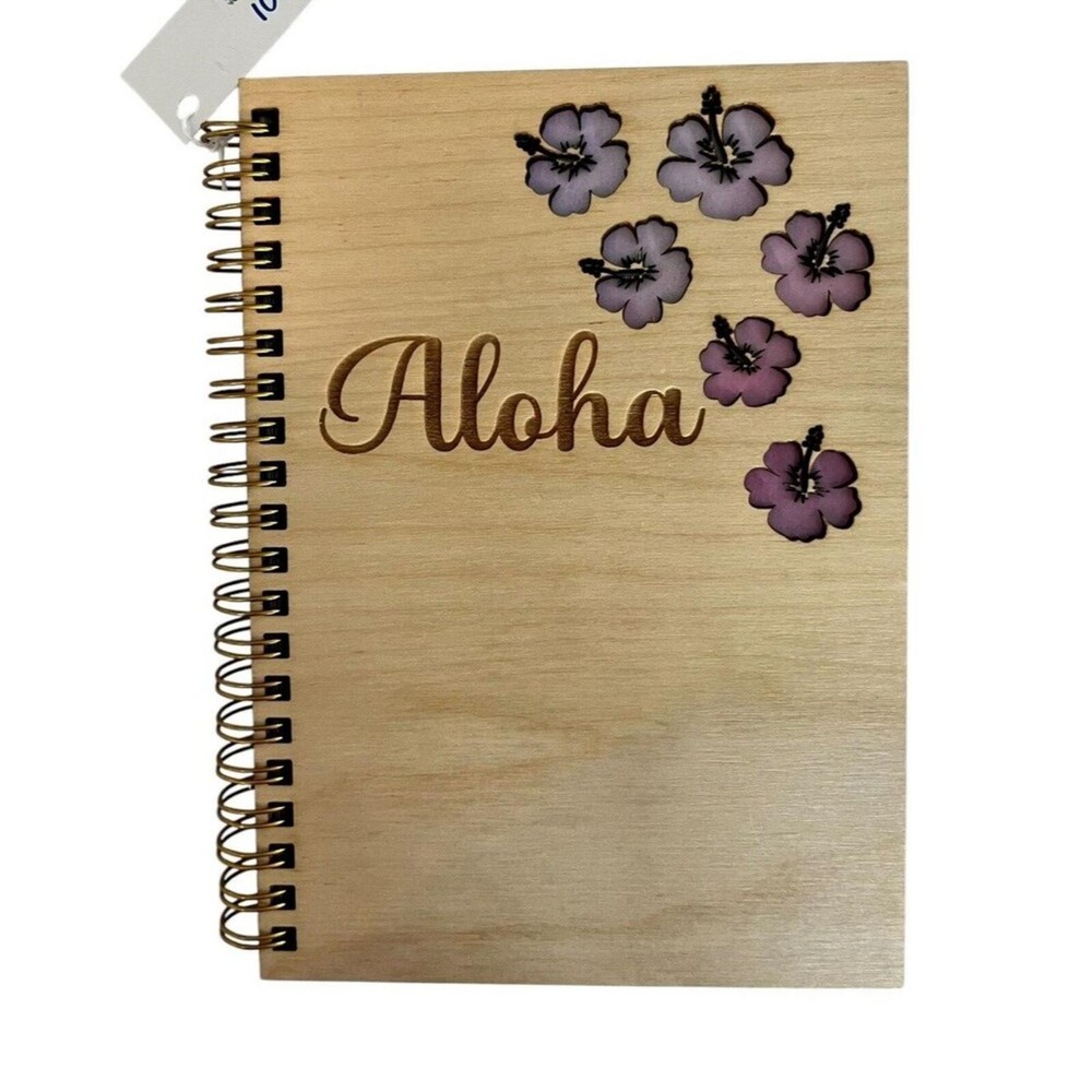 Aloha and Flowers Wooden Covered Notebook/Journal 5×7 Laser 80 Pages New W Tags