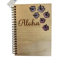 Aloha and Flowers Wooden Covered Notebook/Journal 5×7 Laser 80 Pages New W Tags