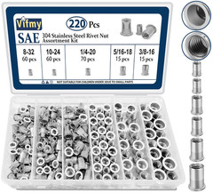 Rivet Nut Assortment Kit, 220 Pcs, Flat Head, 304 Stainless Steel, Various Sizes