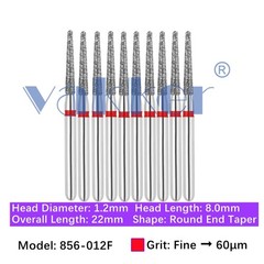 10/Pk Dental Round End Taper Diamond Burs 856-012F Friction Grip Burs Fine Grit