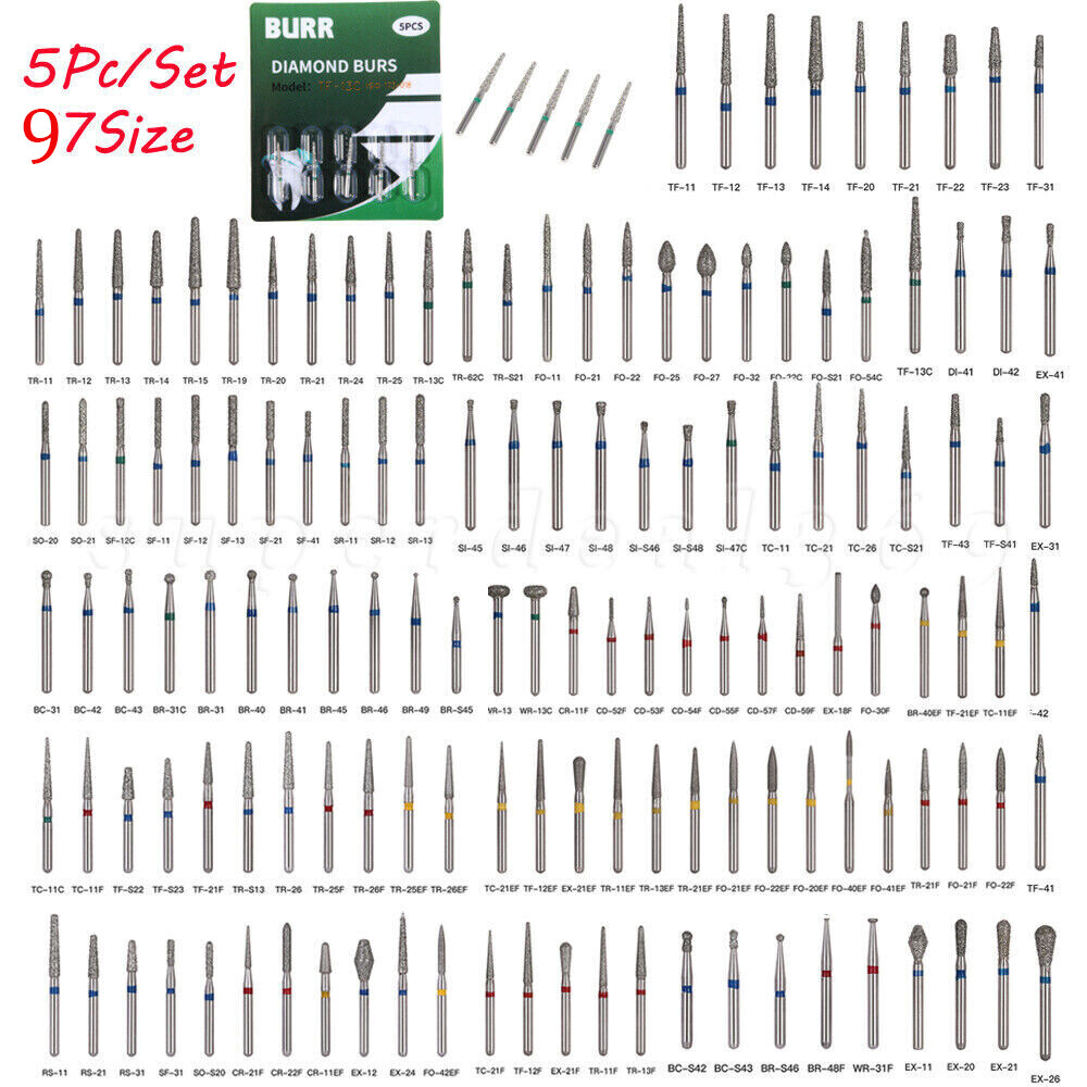 97Types Dental Diamond Burs FG 1.6mm for High Speed Handpiece 5Pcs/pack New